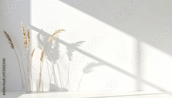 Obraz Dried grasses in clear vases, sunlit shadows
