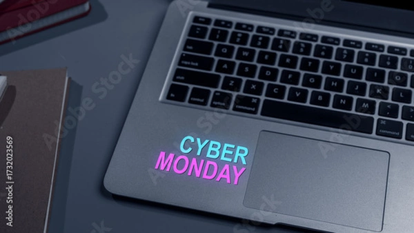 Fototapeta Closeup view of bright lit text of Cyber Monday on a laptop. Copy space. Cyber Monday sale concept
