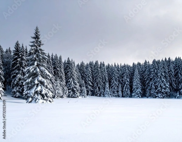 Obraz Snowy fir trees line a vast, frozen landscape