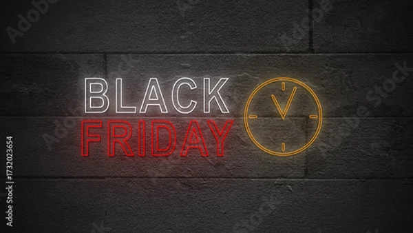 Fototapeta Neon light of clock symbol and Black Friday text on a black background. Copy space. Black Friday sale concept