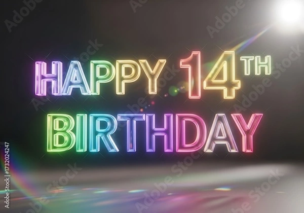 Obraz Happy 14th Birthday Colorful Neon Glow Text with Light Flares on Dark Background