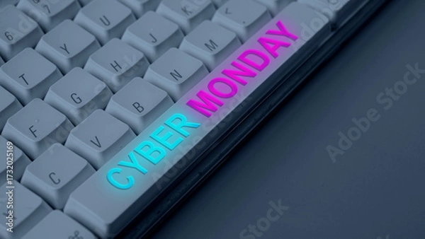 Fototapeta Closeup view of bright lit text of Cyber Monday on the computer keyboard button. Copy space. Cyber Monday sale concept