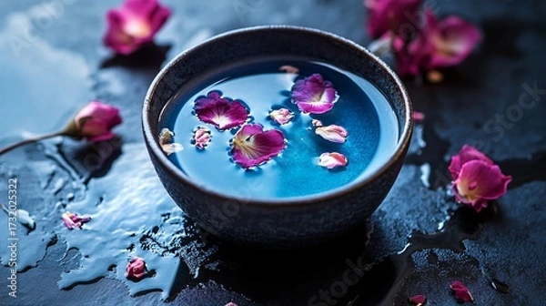 Fototapeta Matcha latte decorated with rose petals, top view