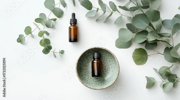 Fototapeta essential oil and eucalyptus leaves on a white background, top view.