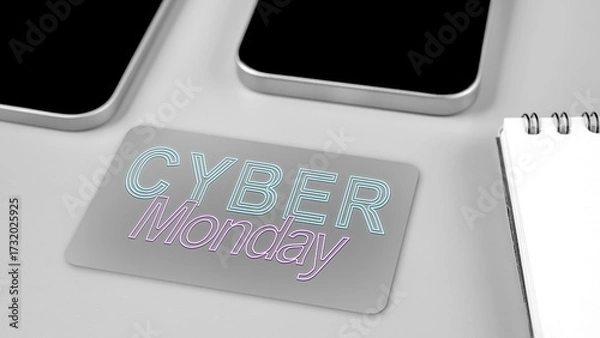 Fototapeta Closeup view of the text of Cyber Monday on a card on the table. Copy space. Cyber Monday sale concept