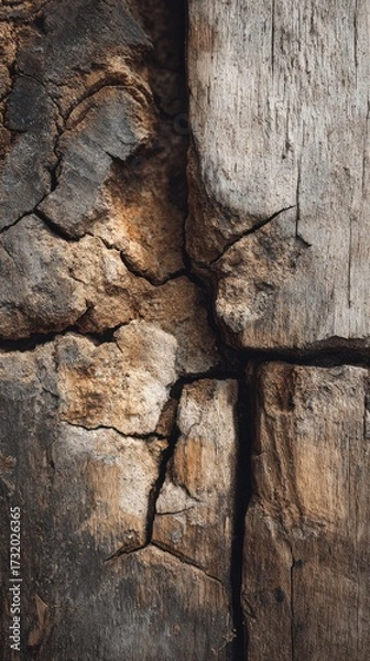 Fototapeta Macro of Wooden Surface with Natural Cracks and Textures in Rustic Tones