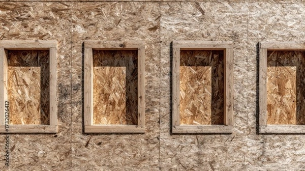 Fototapeta OSB Plywood Wall Panel Construction with Rectangular Window Cutouts