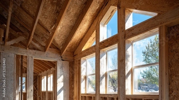 Fototapeta Partially Built Wooden House Frame with Open Windows and Natural Light