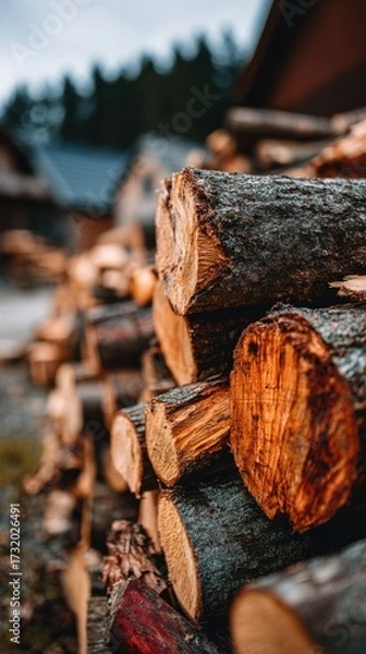 Fototapeta Stacked Raw Tree Logs in Yard with Earthy Tones for Lumber Construction
