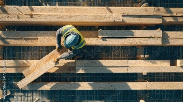 Fototapeta Overhead View of Construction Worker Handling Timber Beams on Grid Floor