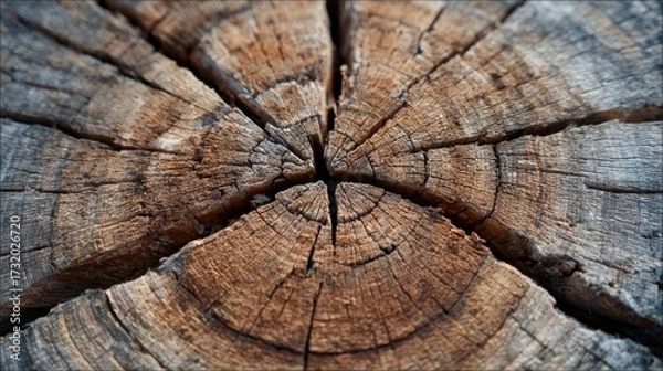 Fototapeta Close-Up of Cracked Log Cross-Section with Radial Age Rings in Lumber Construction