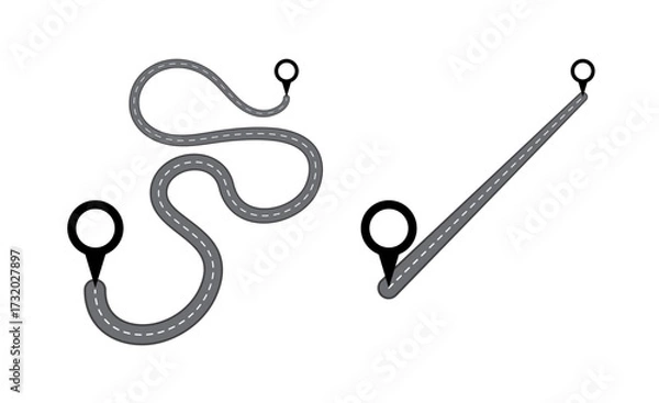Fototapeta Location pin markers, line with turn, curve, straight road vector design. Simple and complex difficult complicated business process solution. Gps map markers illustration isolated on white. 