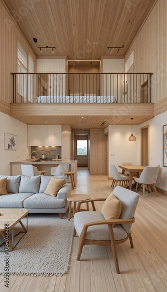 Fototapeta A duplex room in loft style with two levels a bedroom upstair and kithcen, dining table with living room downstair.