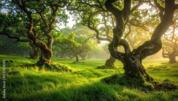 Obraz Sunlit ancient trees in a lush green meadow