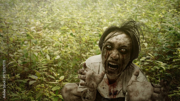 Fototapeta Scary male zombie with a wound and bloody hide under the bush in the haunted forest. The scene is scary and creepy. Dramatic smoke or fog effect. Concept of Spooky Halloween