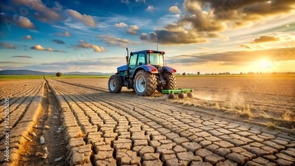 Fototapeta Tractor plowing a dry field at sunset