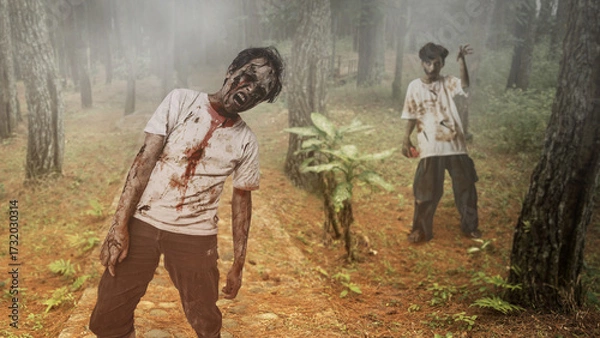 Fototapeta Scary male zombies with wounds and blood were walking in the haunted forest. The scene is scary and creepy. Dramatic smoke or fog effect. Concept of Spooky Halloween