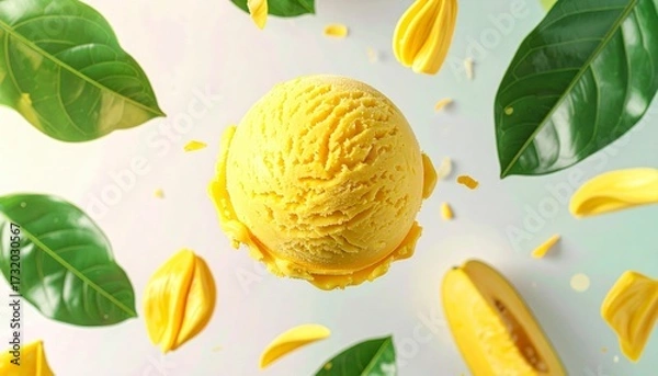 Fototapeta Top View Macro Photograph of a Jackfruit Ice Cream Scoop with Green Leaves and Fruit Floating