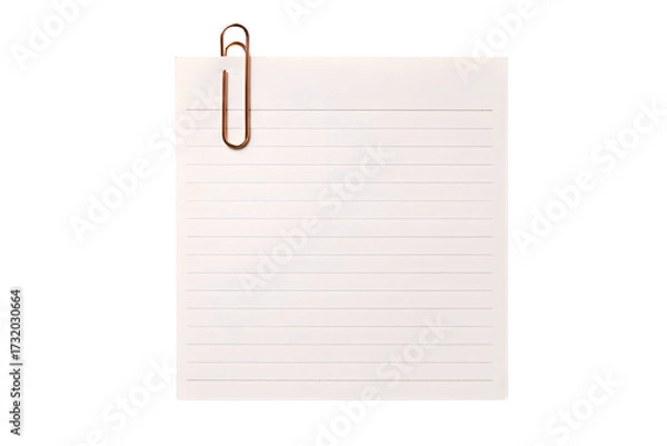 Fototapeta Blank lined paper sheet held by a metal paperclip isolated on transparent background