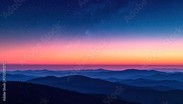 Obraz Mountain panorama at twilight with a vibrant sunset sky and starry night