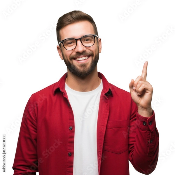 Obraz Happy man with glasses pointing up suggesting an idea or solution isolated on transparent background