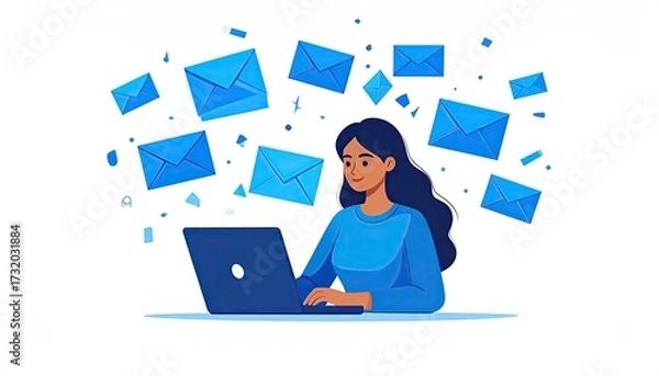 Obraz Woman using laptop, surrounded by email envelopes