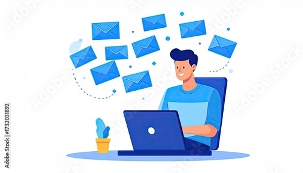 Obraz Man working on laptop, email icons flying