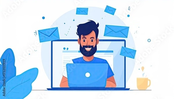 Obraz Man working on laptop with emails flying around