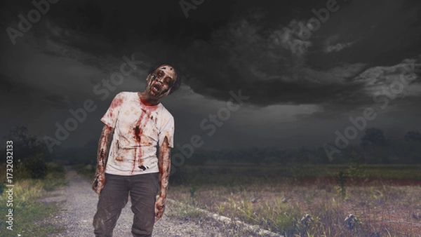Fototapeta Scary male zombie with a wound and bloody walking on the gravel path. The scene is scary and creepy. Dramatic sky. Concept of Spooky Halloween