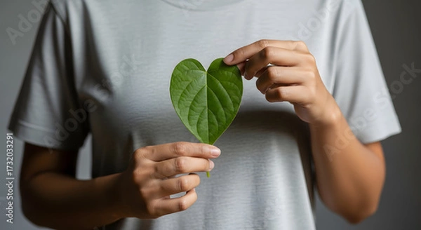 Fototapeta Green Energy, Renewable and Sustainable Resources. Environmental and Ecology Care Concept. Close up of Hand Holding a Heart Shape Green Leaf on Chest