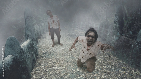 Fototapeta Scary male zombies with wounds and blood haunted the old stone bridge. The scene is scary and creepy. Dramatic smoke or fog effect. Concept of Spooky Halloween