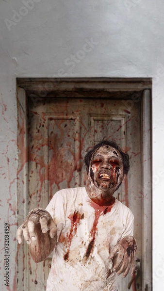 Fototapeta Scary male zombie with a wound and bloody standing in front of the old wooden door with splatters of blood drops on it. The scene is scary and creepy. Concept of Spooky Halloween