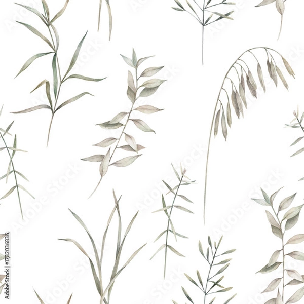 Fototapeta Watercolor seamless pattern. Vintage print with herbal   branches. Hand drawn illustration on white background.