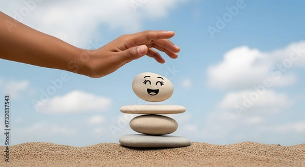 Fototapeta Enjoying Life Concept. Harmony and Positive Mind. Hand Setting Natural Pebble Stone with Smiling Face Cartoon to Balance on Beach Sand. Balancing Body, Mind, Soul and Spirit. Mental Health Practice