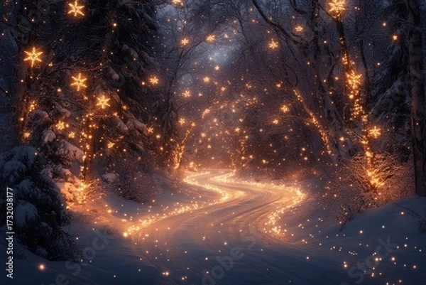 Obraz Snowy road with lights.