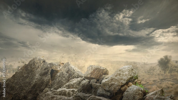 Fototapeta Pile of large rocks on the ground with dramatic sky background. The scene is scary and mysterious. Mockup. Copy Space. Wallpaper or Halloween background
