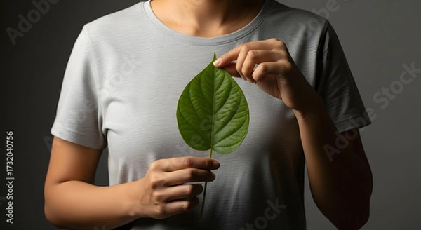Fototapeta Green Energy, Renewable and Sustainable Resources. Environmental and Ecology Care Concept. Close up of Hand Holding a Heart Shape Green Leaf on Chest