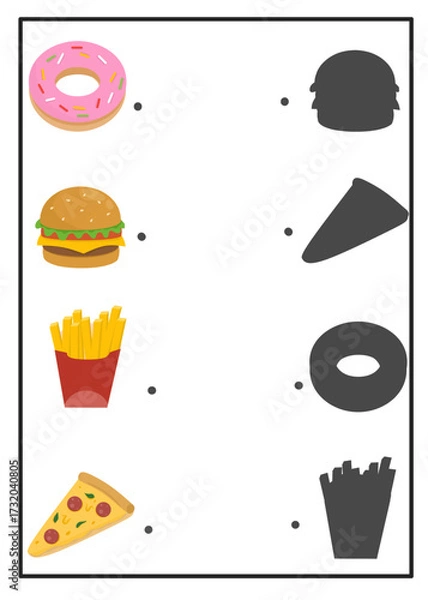 Fototapeta Matching game for kids to find food shadows like fries, burger, and donuts. Matching shadow activity for kids