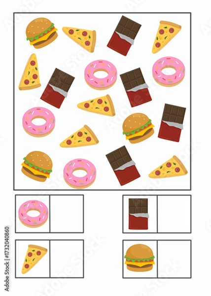 Fototapeta Fun worksheet for kids to count foods like donuts, pizza, chocolate, and burgers. How many worksheet for kids