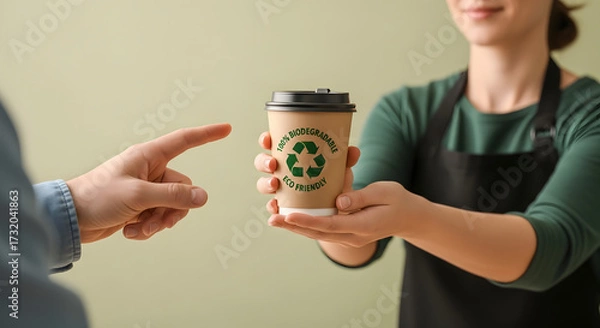 Fototapeta Recycled Packaging Concept. Barista Giving a Hot Cup of Coffee to customer. Zero Waste Materials. Environment Care, Reuse, Renewable for Sustainable Lifestyle. POV view
