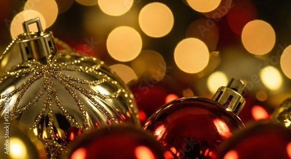 Fototapeta Closeup of christmas baubles with glowing bokeh lights
