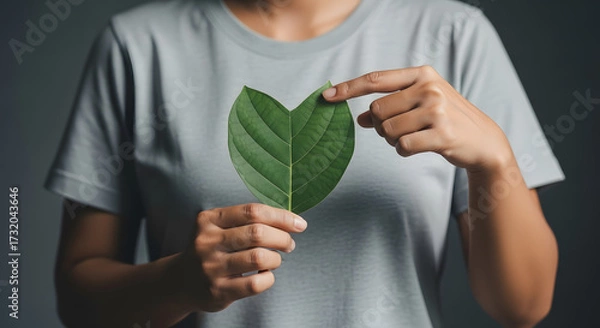 Fototapeta Green Energy, Renewable and Sustainable Resources. Environmental and Ecology Care Concept. Close up of Hand Holding a Heart Shape Green Leaf on Chest