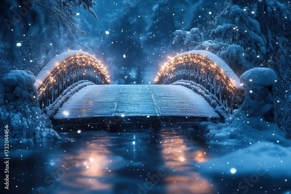 Obraz Snow-covered bridge adorned with lights.