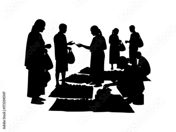 Fototapeta Silhouette of people buying and selling at traditional market. people activity.