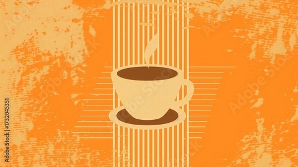 Fototapeta Retro Coffee Cup Illustration with Vintage Grunge Texture and Bold Graphic Stripes on a Minimalist Pop Background inspires warm nostalgia.