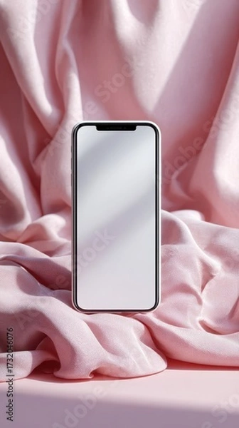 Fototapeta Modern smartphone mockup with blank screen on soft pink fabric