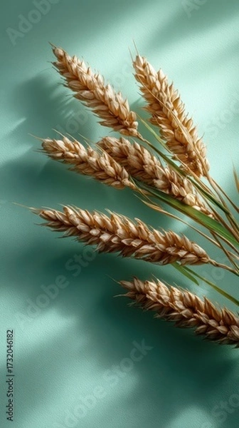Fototapeta Golden wheat ears on mint green background with shadows