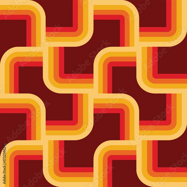 Fototapeta Retro 70s  geometric striped lines in orange, red, mustard yellow, tangerine, and cream on dark red burgundy background seamless pattern. For retro posters, backgrounds, wallpaper and home décor