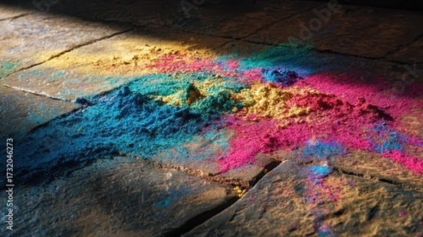 Fototapeta Colorful powder in vibrant shades of blue, pink, and yellow scattered across a rough stone surface in sunlight.