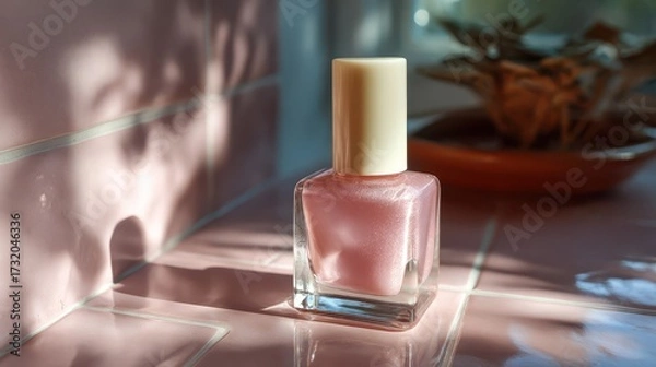 Fototapeta Soft pink nail polish bottle mockup on glossy tiled surface
